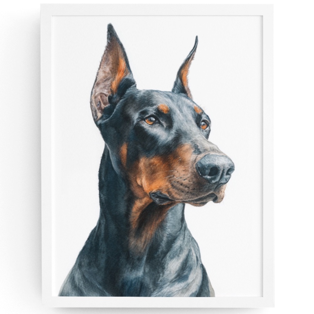 Watercolor Black Doberman Dog Portrait Wall Art Print Poster Unframed